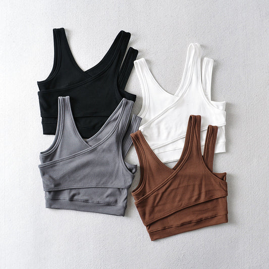 Solid False Two-piece Diagonal Shoulder Strap Short Vest
