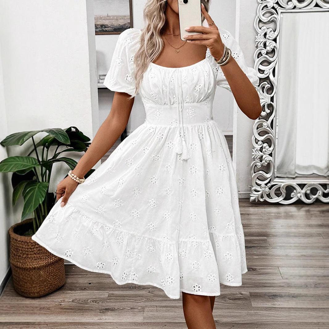 Solid-color Square-neck Short-sleeve Dress