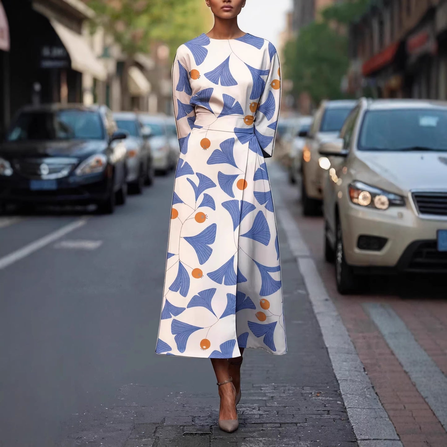 Bohemian-style Fashion Print Waist-cinching Womens Dress