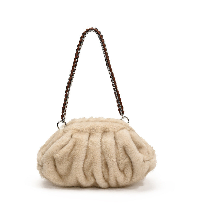 Faux Mink Fur Pleated Cloud Plush Shoulder Bag