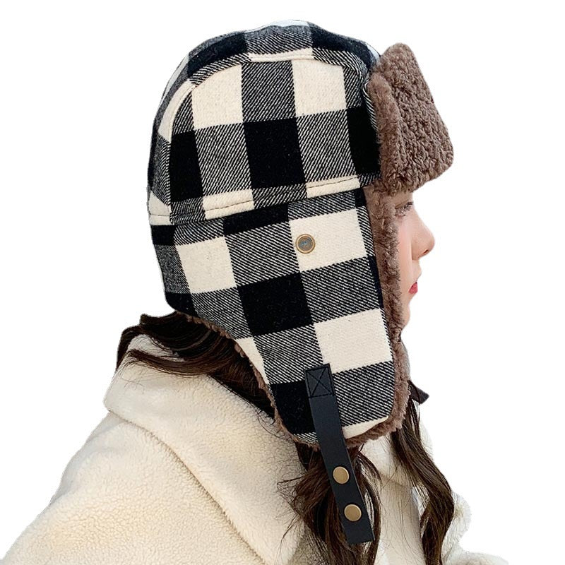 Plaid, Brushed Thermal And Windproof Cold Cycling Earflaps Ushanka Female
