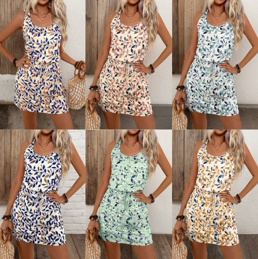 Fashionable Crew-Neck Printed Leaf Sleeveless Tank Top And Skirt Set