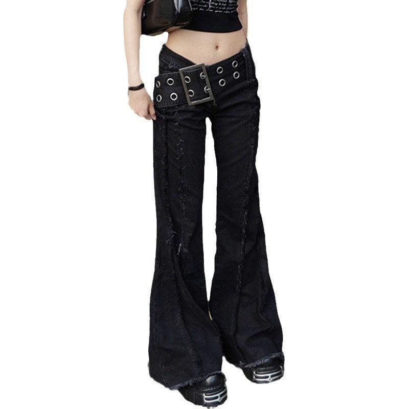 New Metal Wide Belt Frayed Low Waist Skinny Jeans For Women