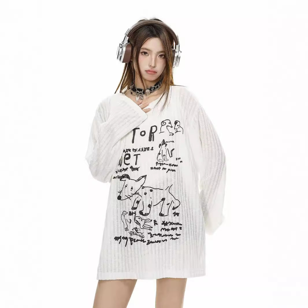 Hong Kong Style Retro Letter Animal Print Top