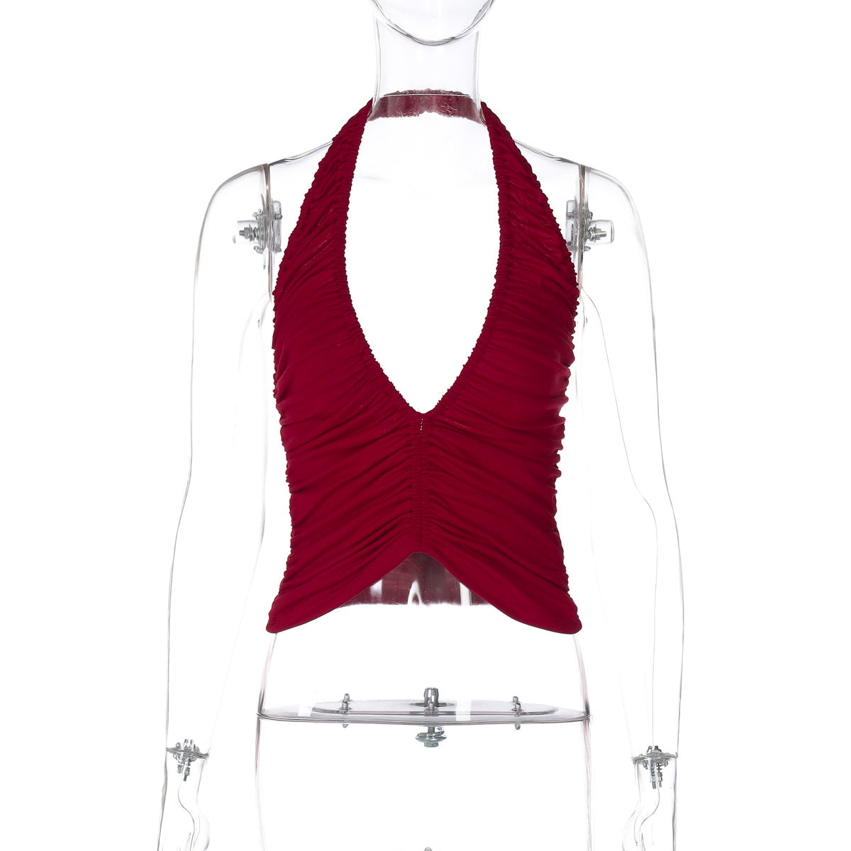 Kvinders dyb V-hals, halterneck, rygløs, plisseret, slim-fit vest
