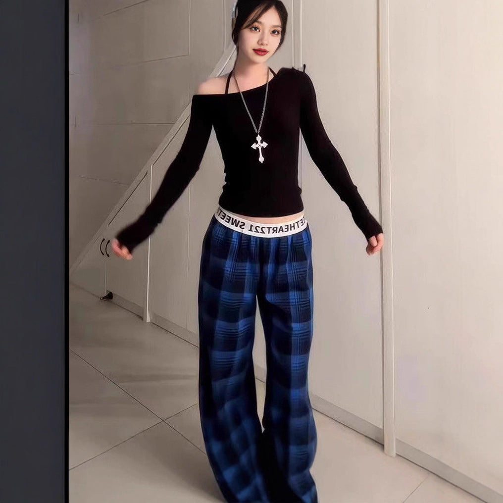 Womens Fashionable Retro Plaid Wide-Leg Pants