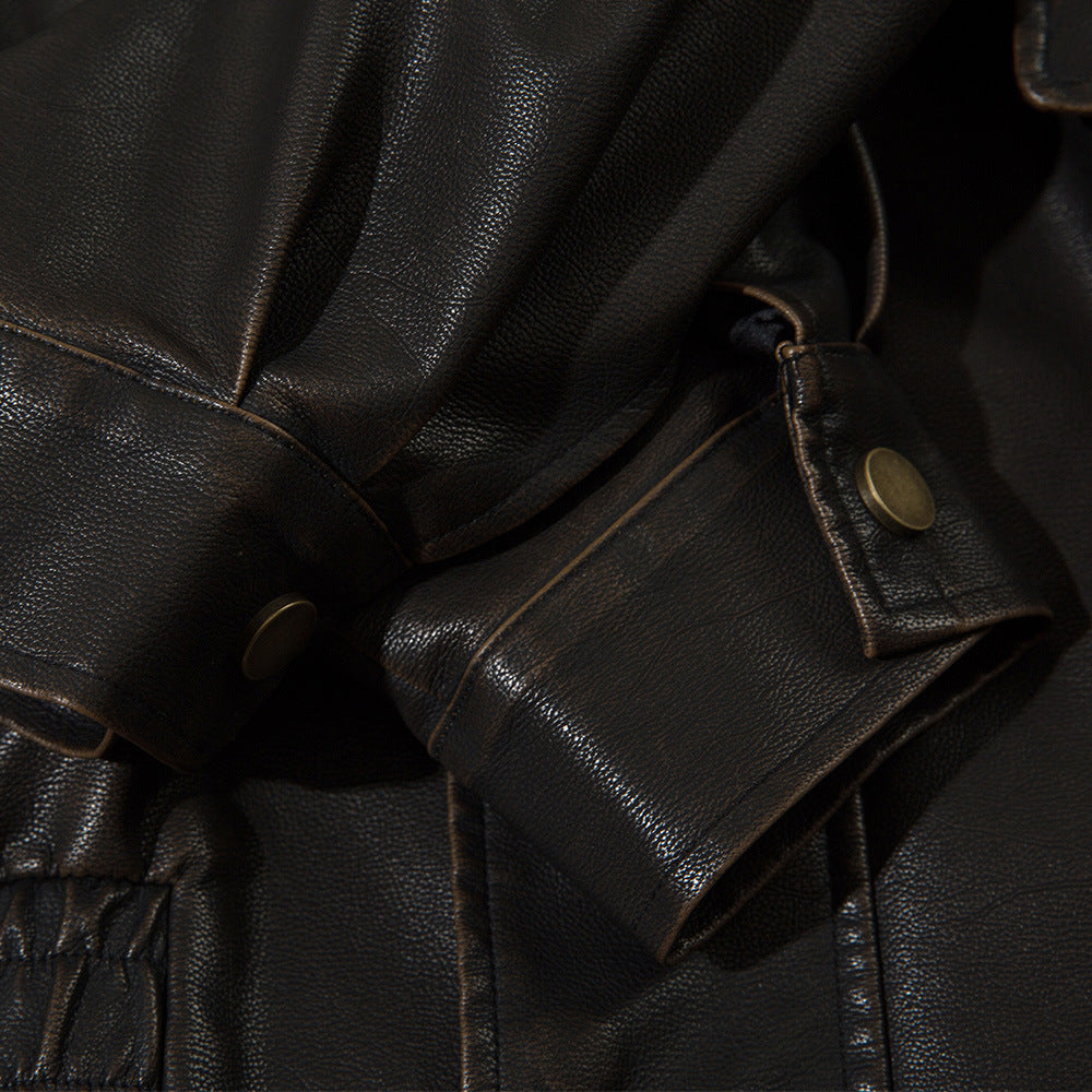 American Solid Color Polo Collar PU Leather Coat