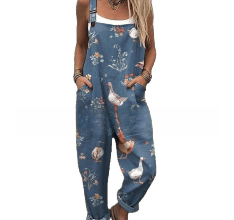 Digital Printing Button Casual Suspender Trousers