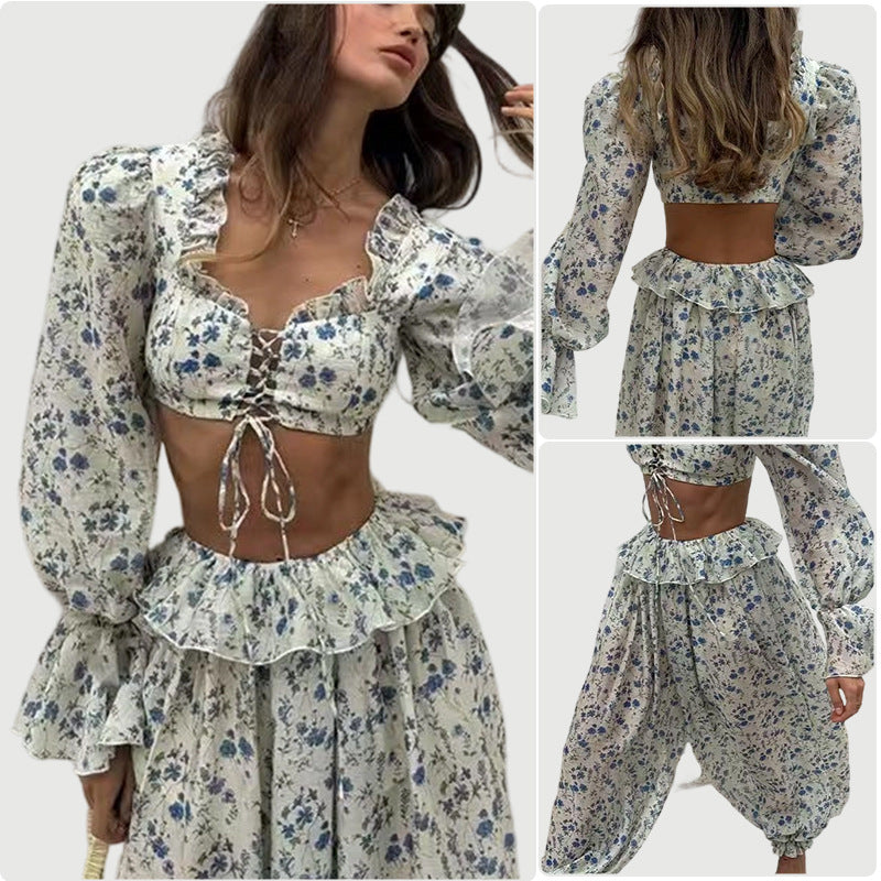Floral Print Long Sleeve Waist Drawstring Floral Pants Two-piece Set