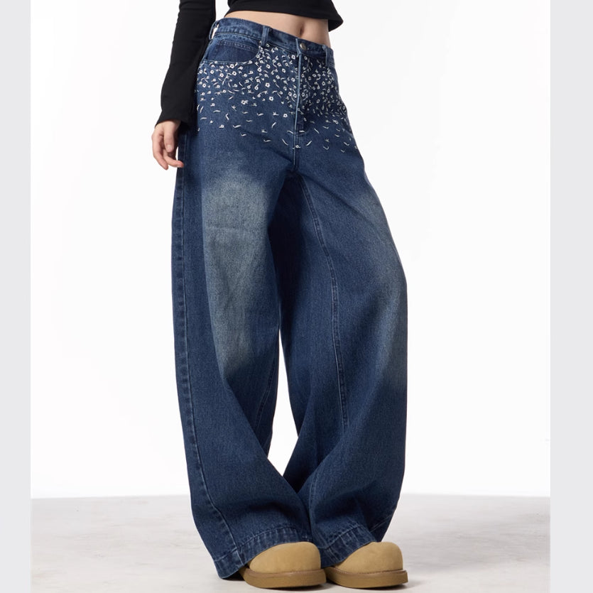 Vintage Floral Embroidered Straight Jeans Women Loose Casual Wide-leg Trousers
