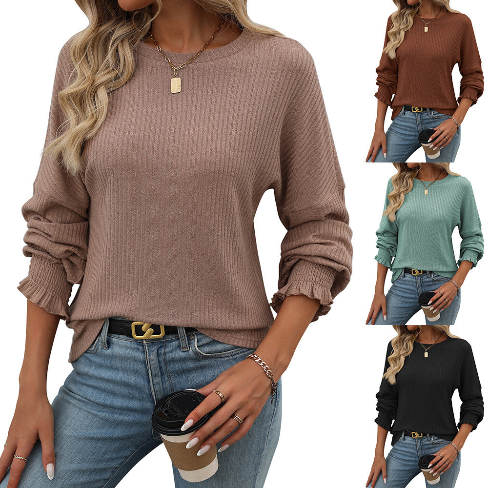 Loose Casual Sunken Stripe Long-sleeved T-shirt For Women
