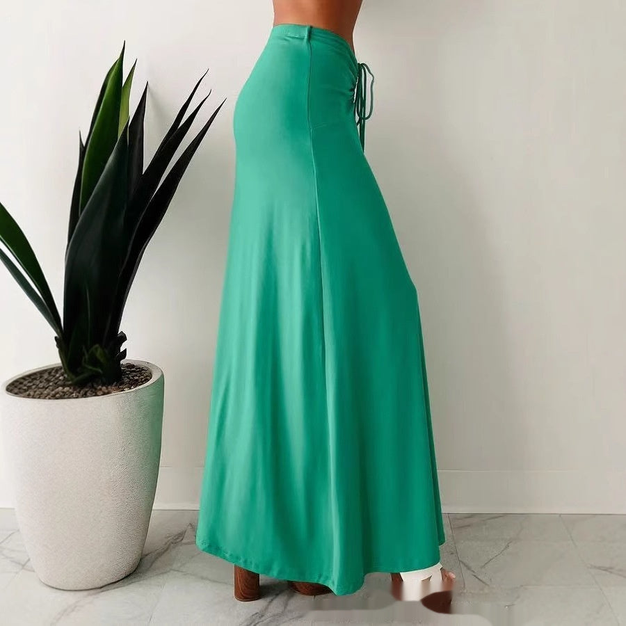 European And American Drawstring Stitching Su Pleated Solid Color Women's Skirt