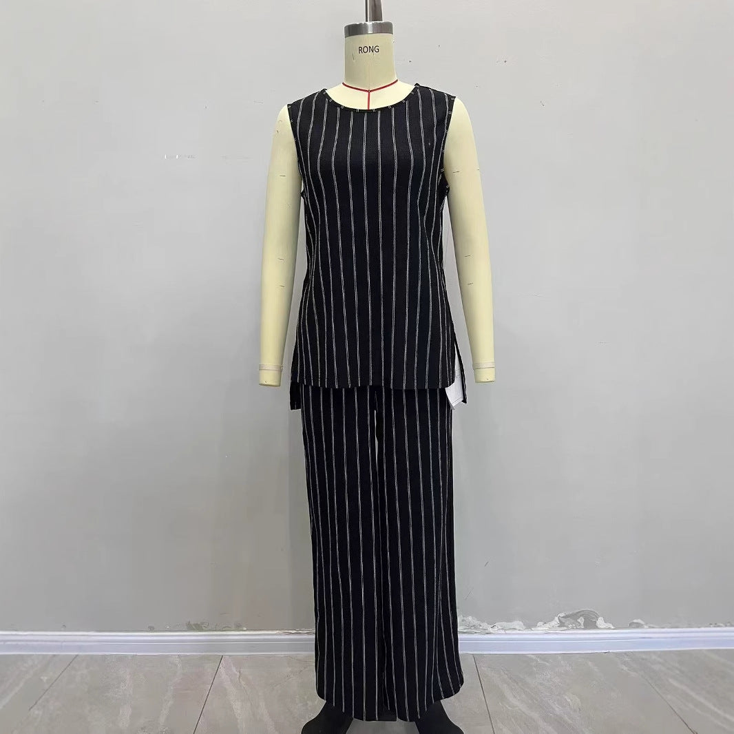 Striped Vest And Wide-Leg Pants Fashion Set