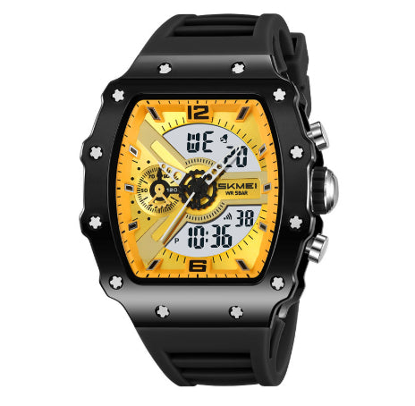 Multifunctional Mens Watch With Dual Displays Featuring A Stylish Barrel-shaped Case