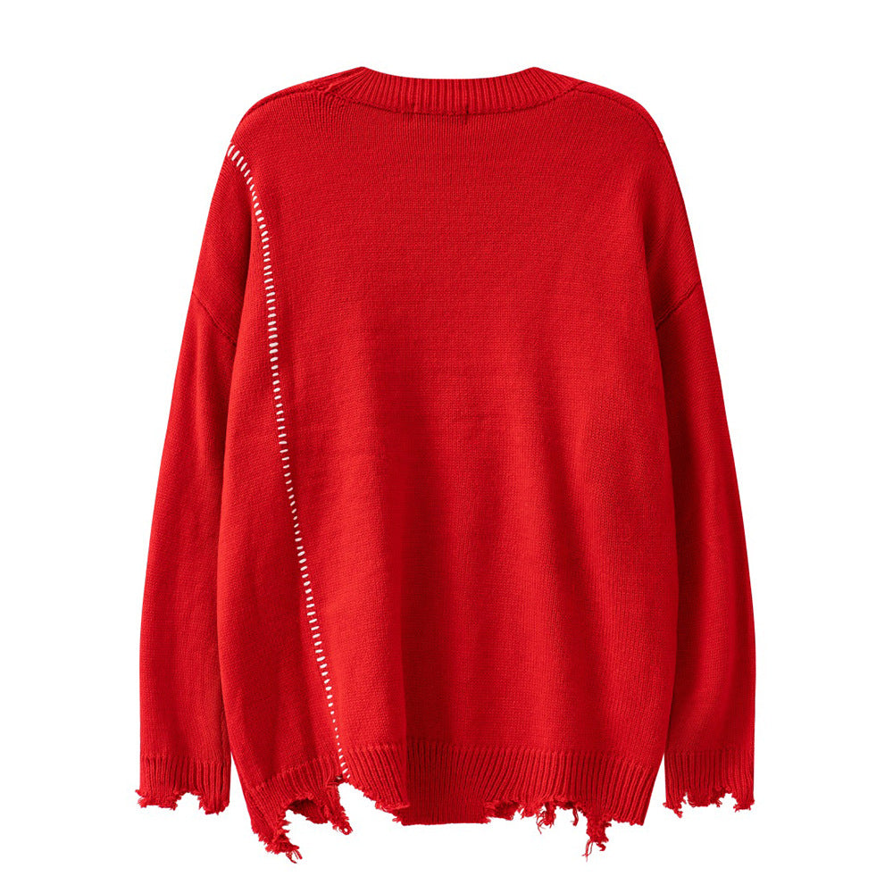 Chaopai Loose Long-sleeved Sweater With Broken Burrs