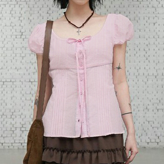 Womens French-style Puff-sleeve Figure-hugging Waist-cinching Blouse With A Tie