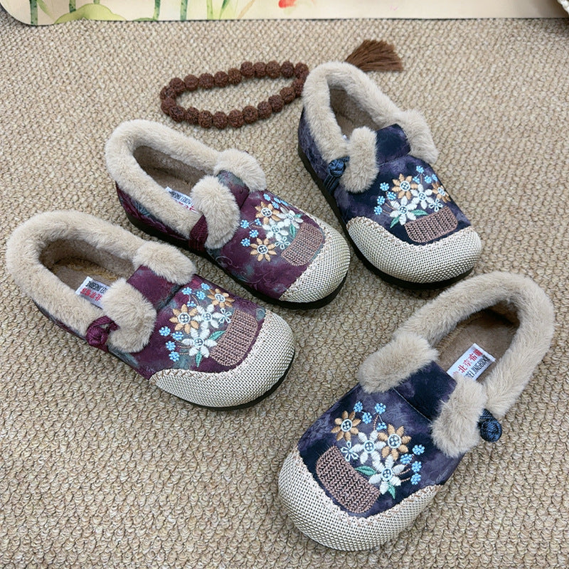 Women's New Chinese-style Thickened Thermal Soft Soled Fleece-lined Embroidered Cotton-padded Shoes