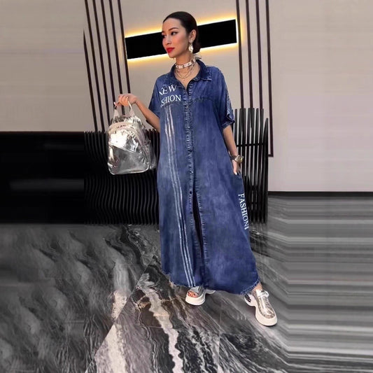 Spring Summer Mid-Length Denim Printed Dress