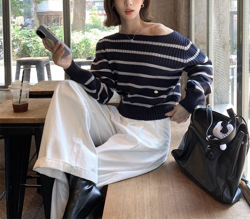 Short, Striped Off-the-shoulder Pullover Sweater