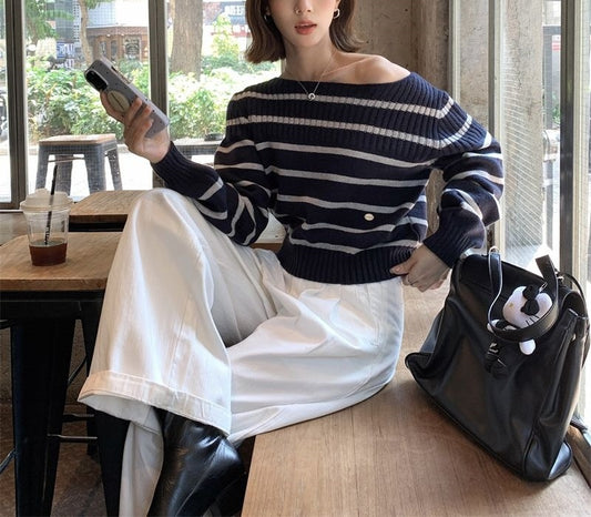Short, Striped Off-the-shoulder Pullover Sweater