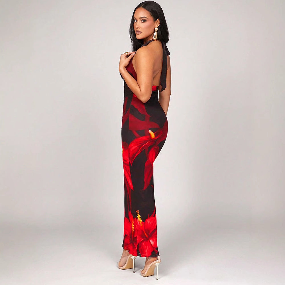 Printed Fashionable Sexy Halterneck Lace-Up Bodycon Dress