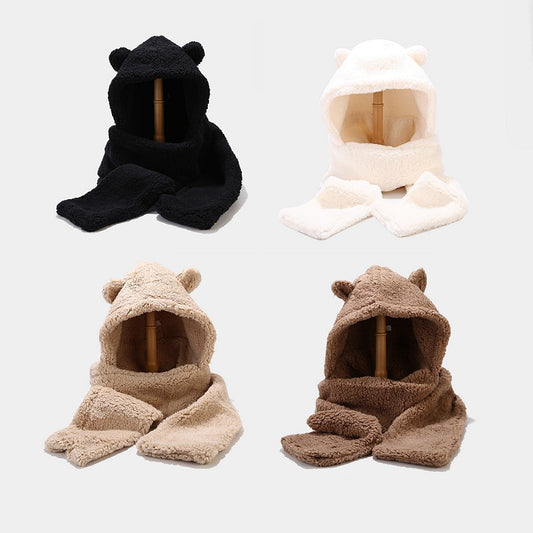 Two-piece Warmth Hat And Scarf With Thickened Bear Ears