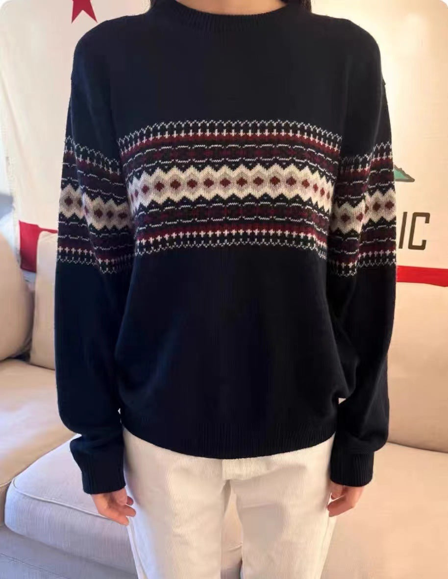 Round Neck Jacquard Diamond Plaid Long Sleeve Pullover Sweater