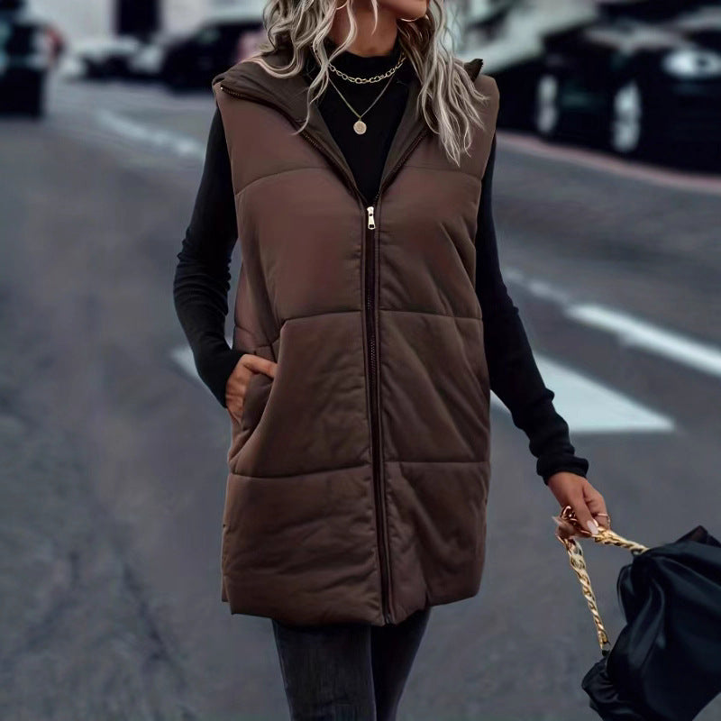 European And American Autumn And Winter Vest Fashion Solid Color Zipper Hooded