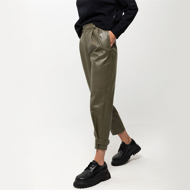 Fashion High-waist Slim-fit PU Leather Cropped Trousers