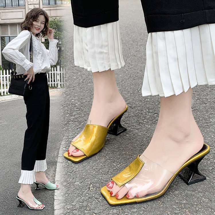 Women's Outdoor Slippers Fashionable All-matching Fairy Style Transparent Slippers Toe Chunky Heel High Heels