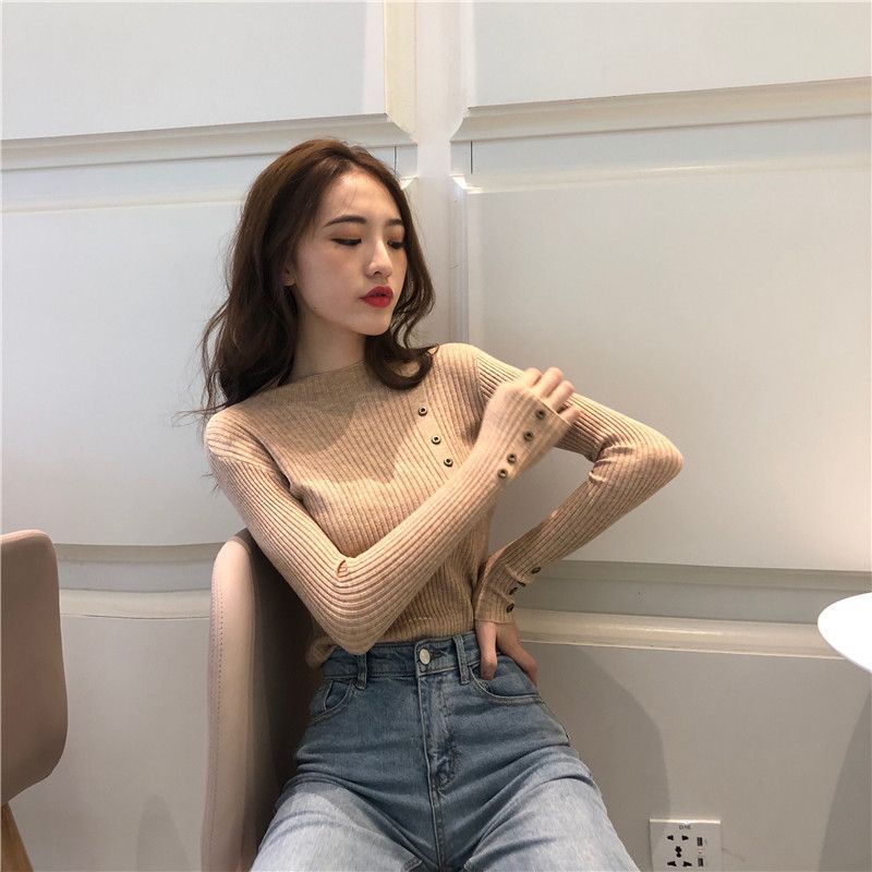 Autumn And Winter Button Half-high Collar Women's Sweater
