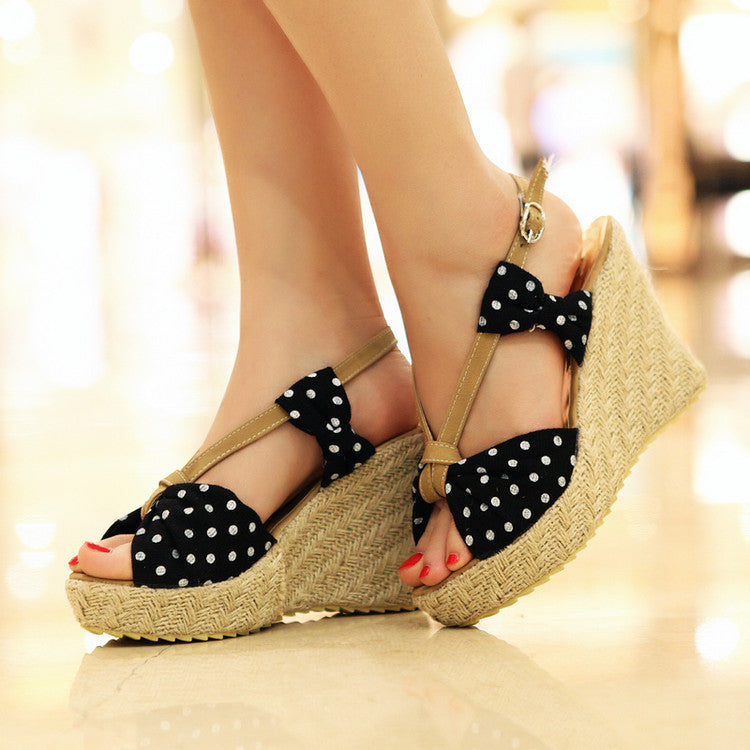 Sweet And Cute Polka-dot Open-toed Platform Hemp Wedging Wedge Sandals