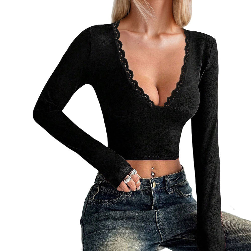 Sexy Sweet And Spicy Women's T-shirt Deep V Design Long Sleeve Base Top