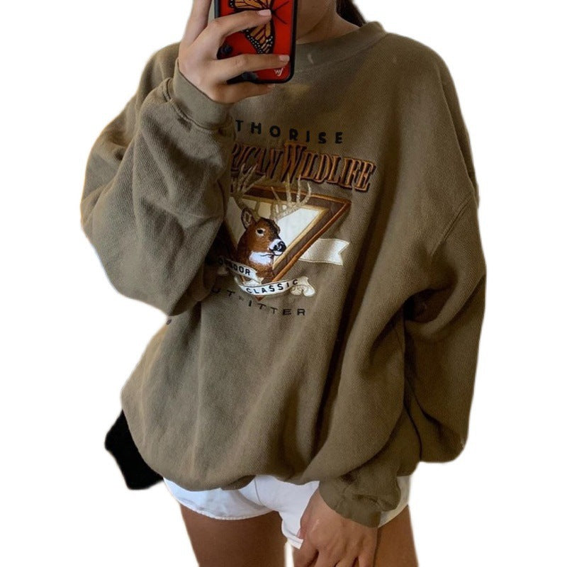 American Retro Fawn Cartoon Sweater Women's Loose Pullover