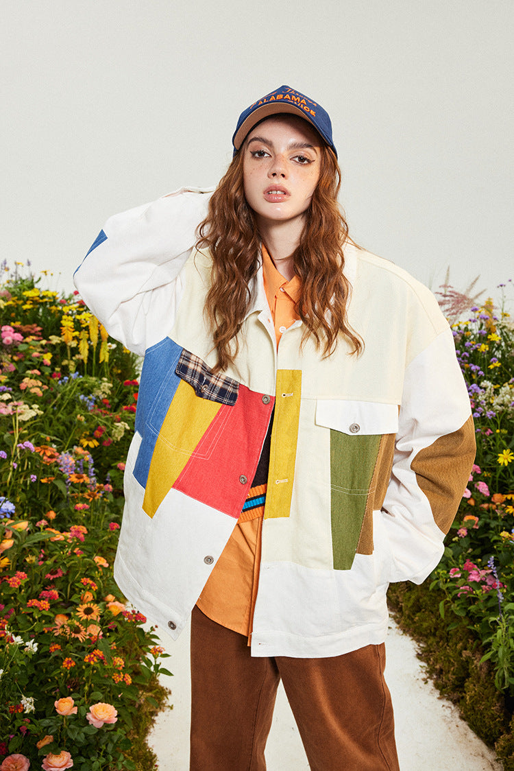American Style Loose New Patchwork Contrast Color Coat