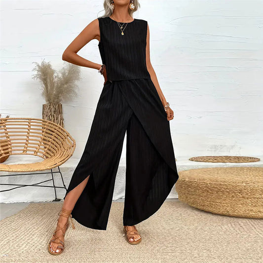 Casual Pants Wide-leg Pants Crew-neck Sleeveless T-shirt Two-piece Set