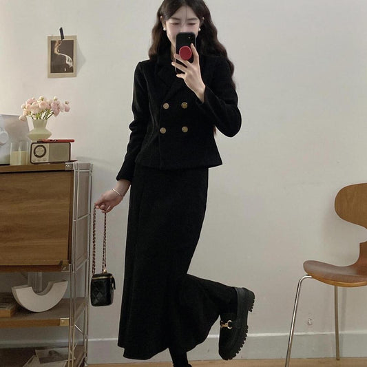 Corduroy Waist-Cinched Jacket And Fishtail Skirt Two-Piece Set For Women
