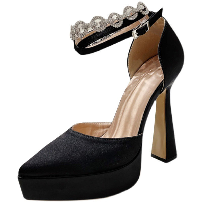 Super High Heel Chunky Heel Waterproof Platform Pointed Toe Toe   13CM         Cap Buckle Rhinestone Sandals