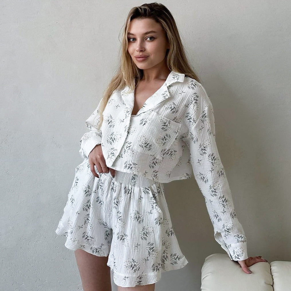 Printed Minimalist Light-Luxury Pajama Set With Long Sleeves And Shorts
