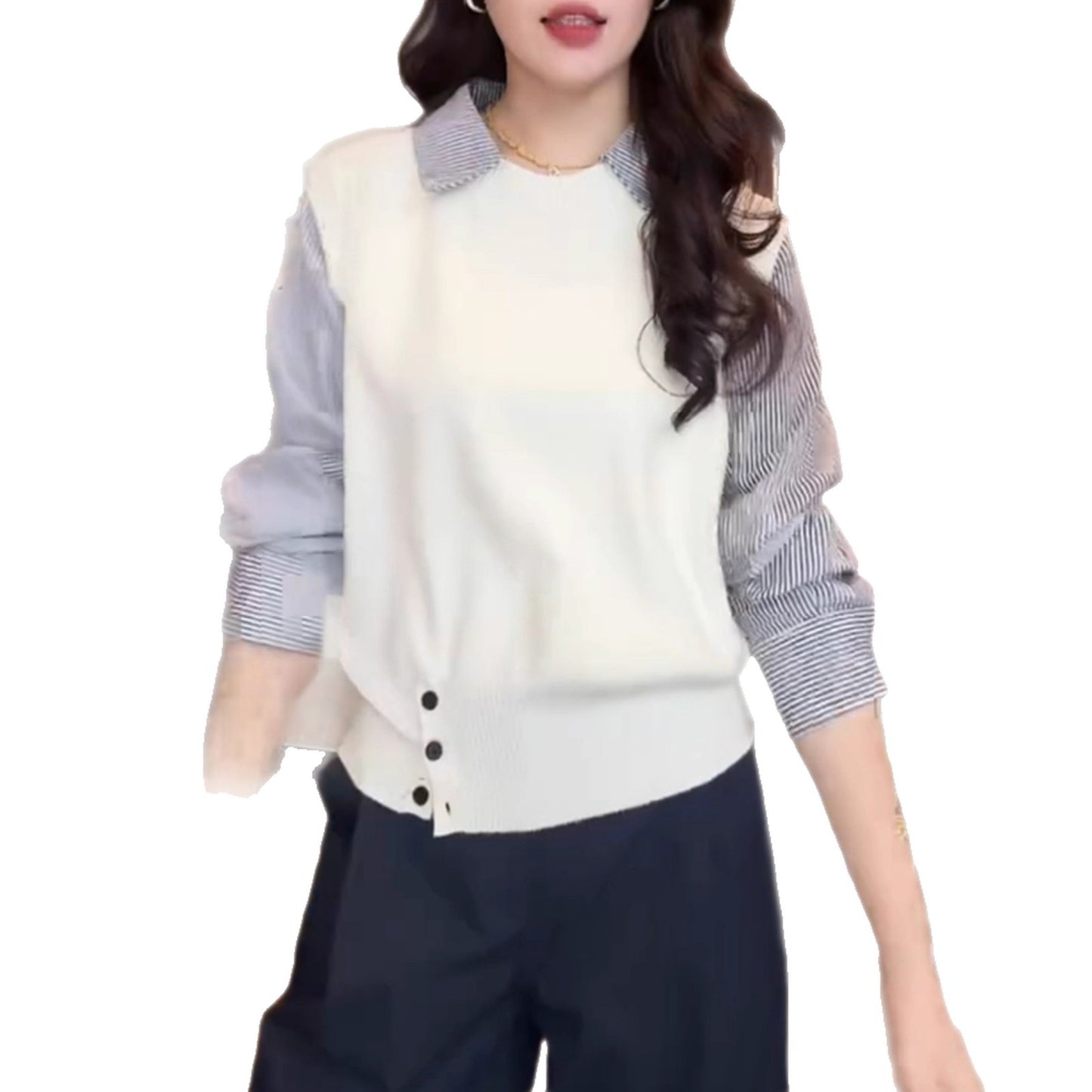 High-grade Fake Two-piece Striped Shirt Stitching Sweater For Women