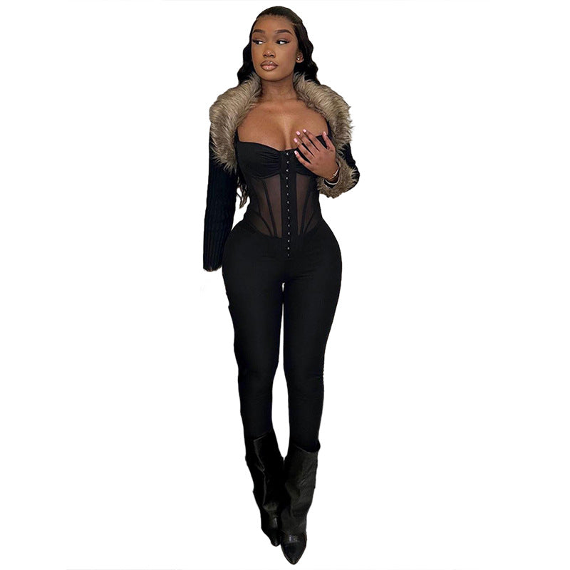 Women's Clothing Fashion Suspenders Low-cut See-through Slim Fit Bodysuit