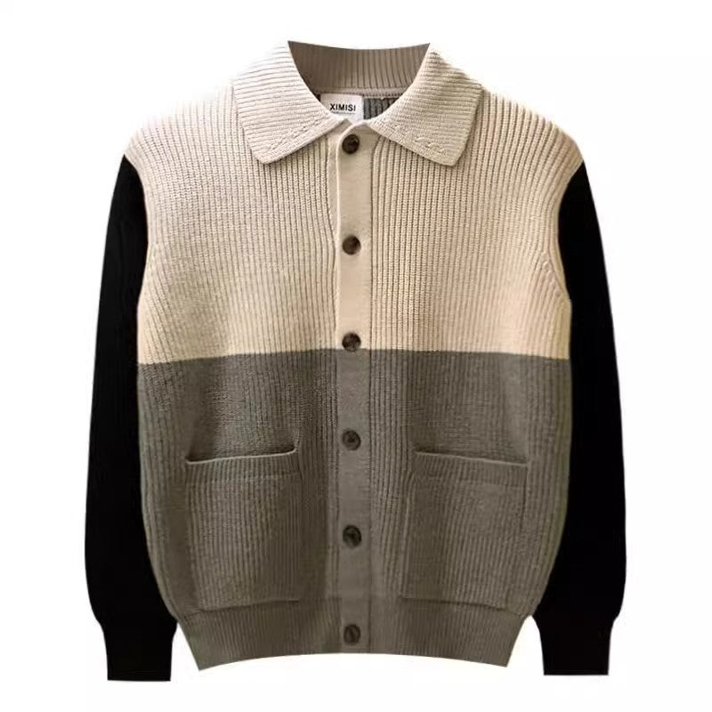 Men's Autumn And Winter Knitted Color Stitching Turnover Neck Sweater Coat