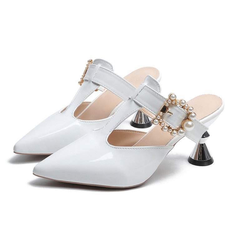 Summer Fashion Pointed-toe Slip-on High Heel Large Size Belt Pearl Round Buckle Sandals
