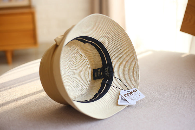 Concave Top Straw Woven Bucket Hat Cotton Bow