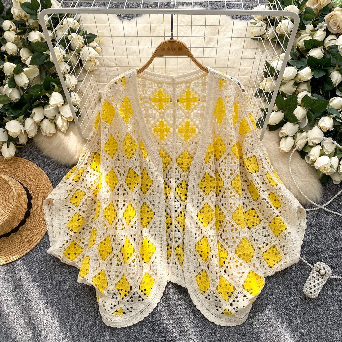 Coat Women's Hollow Crocheted Knitted Batwing Sleeve Top Shawl