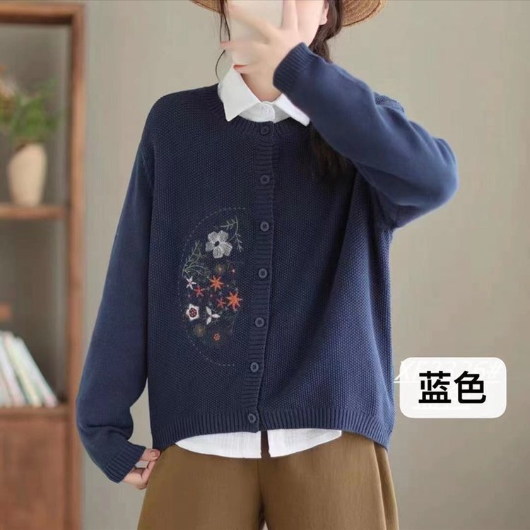 Chinese-style Corn-stitch Cotton Knit Cardigan Sweater For Women