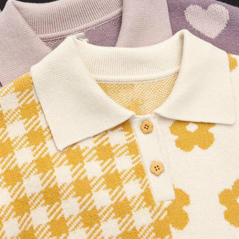 New Polo Doll Collar Cropped Knitted Sweater Women's Top