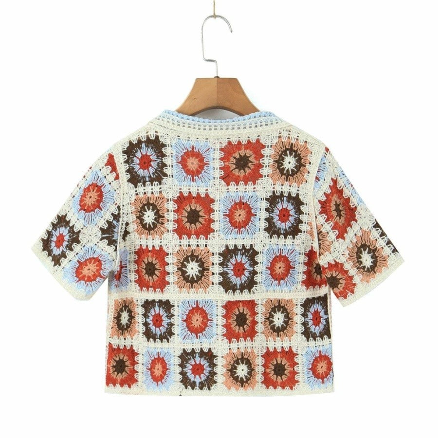 Women Boho Cardigan Sweater Crop Top 24 Crochet Summer Front