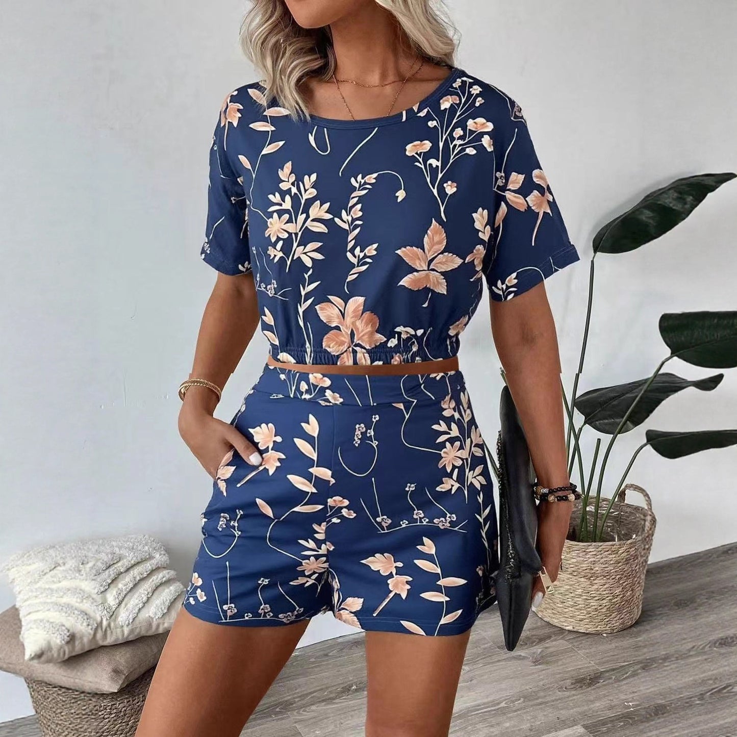 Casual Printed Short Sleeves Shorts Suit Simple