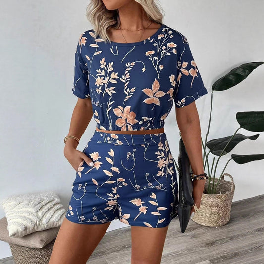 Casual Printed Short Sleeves Shorts Suit Simple